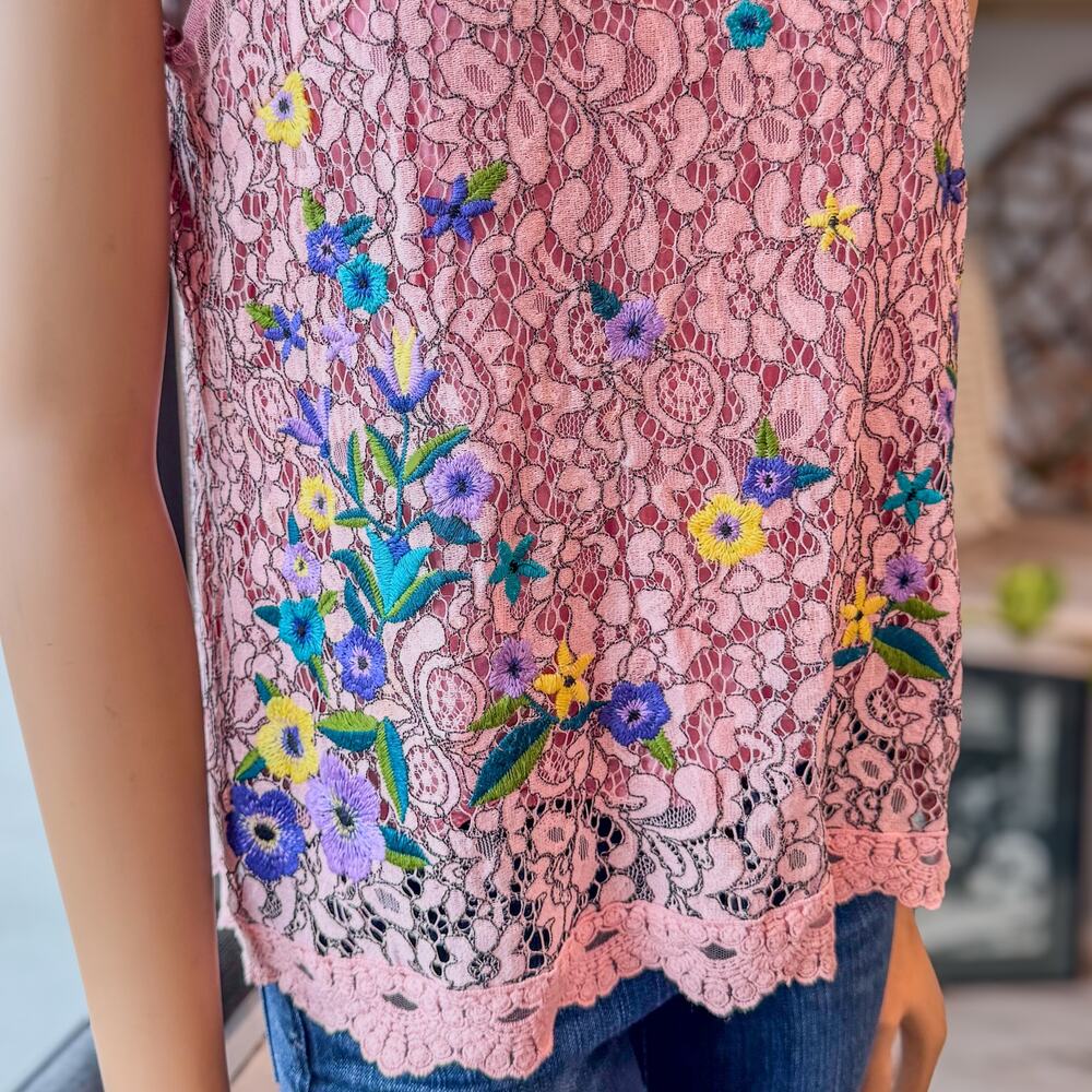 BluHeaven Pink Floral Embroidered Lace Sleeveless Top High Ruffled Neck,  Small - Picture 3 of 10